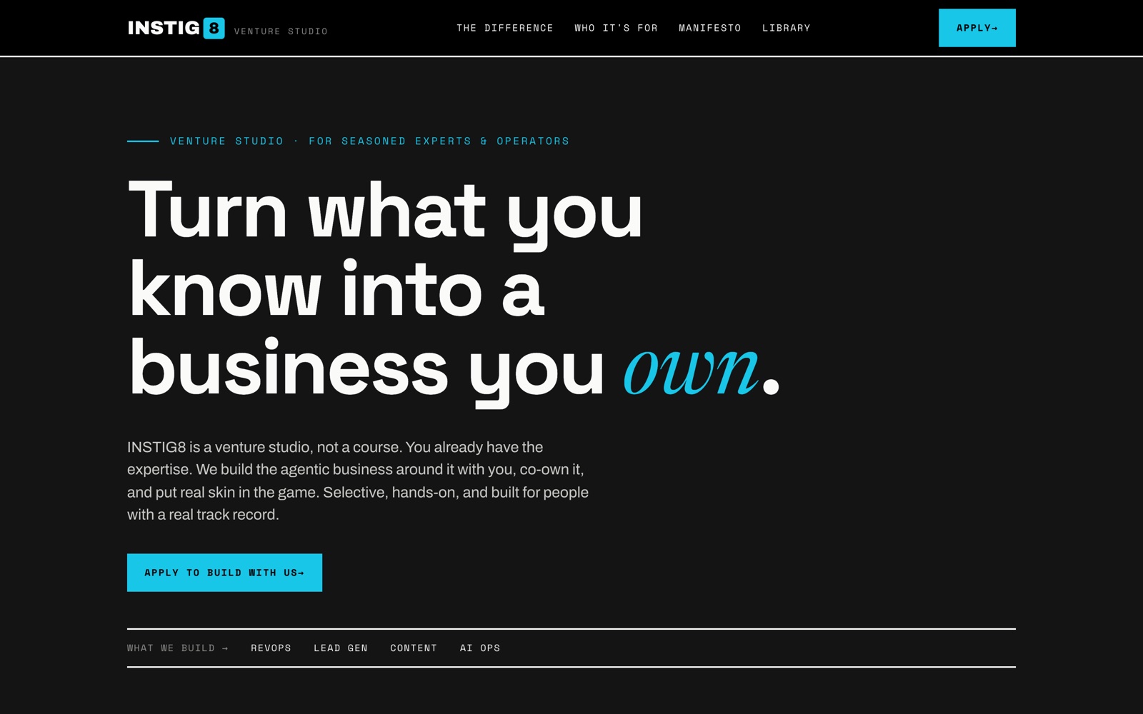 instig8.ai on the morning of 2 October: a venture studio recruiting page