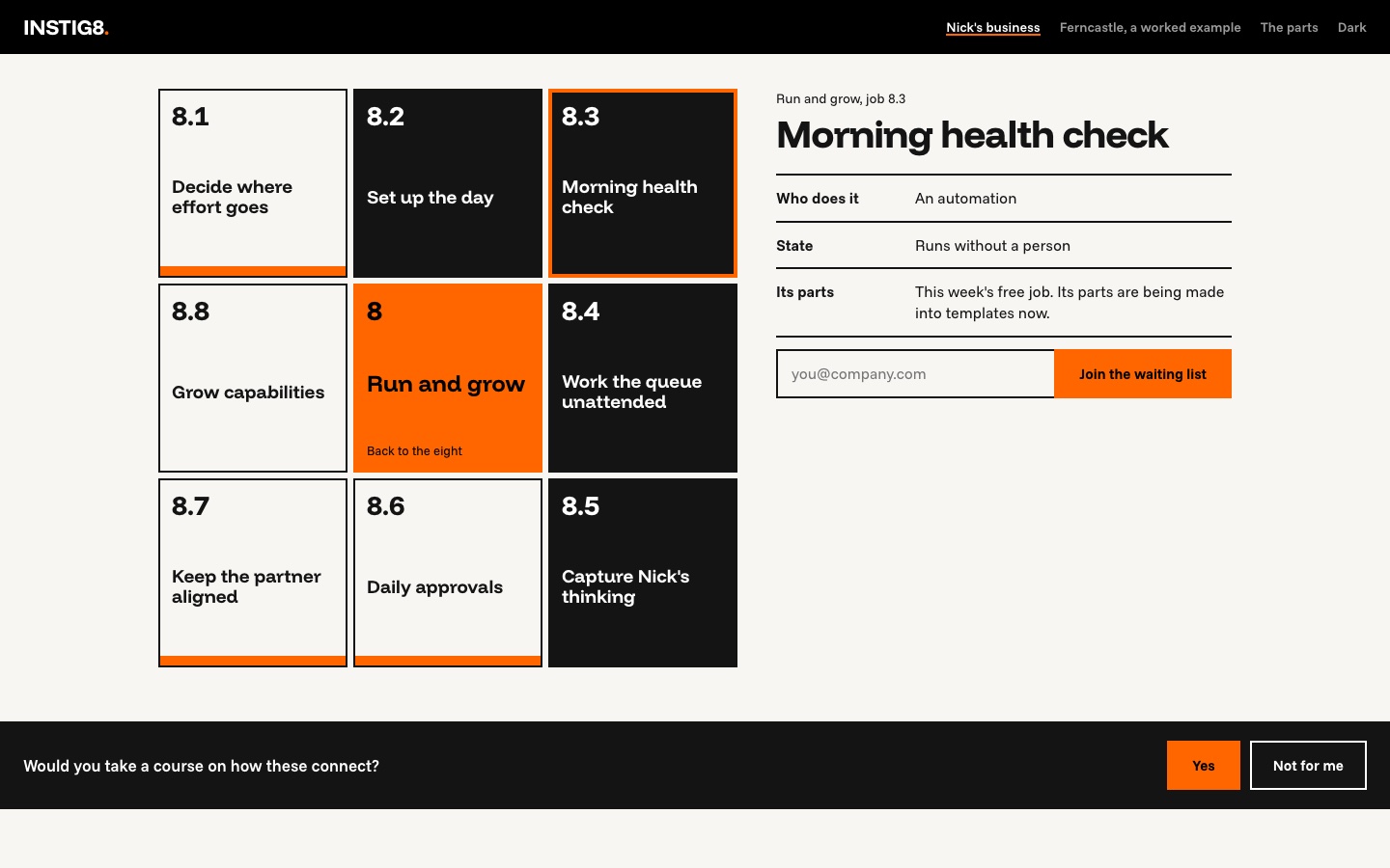 The job on the first screen: the site says it runs without a person. It had been switched off for days