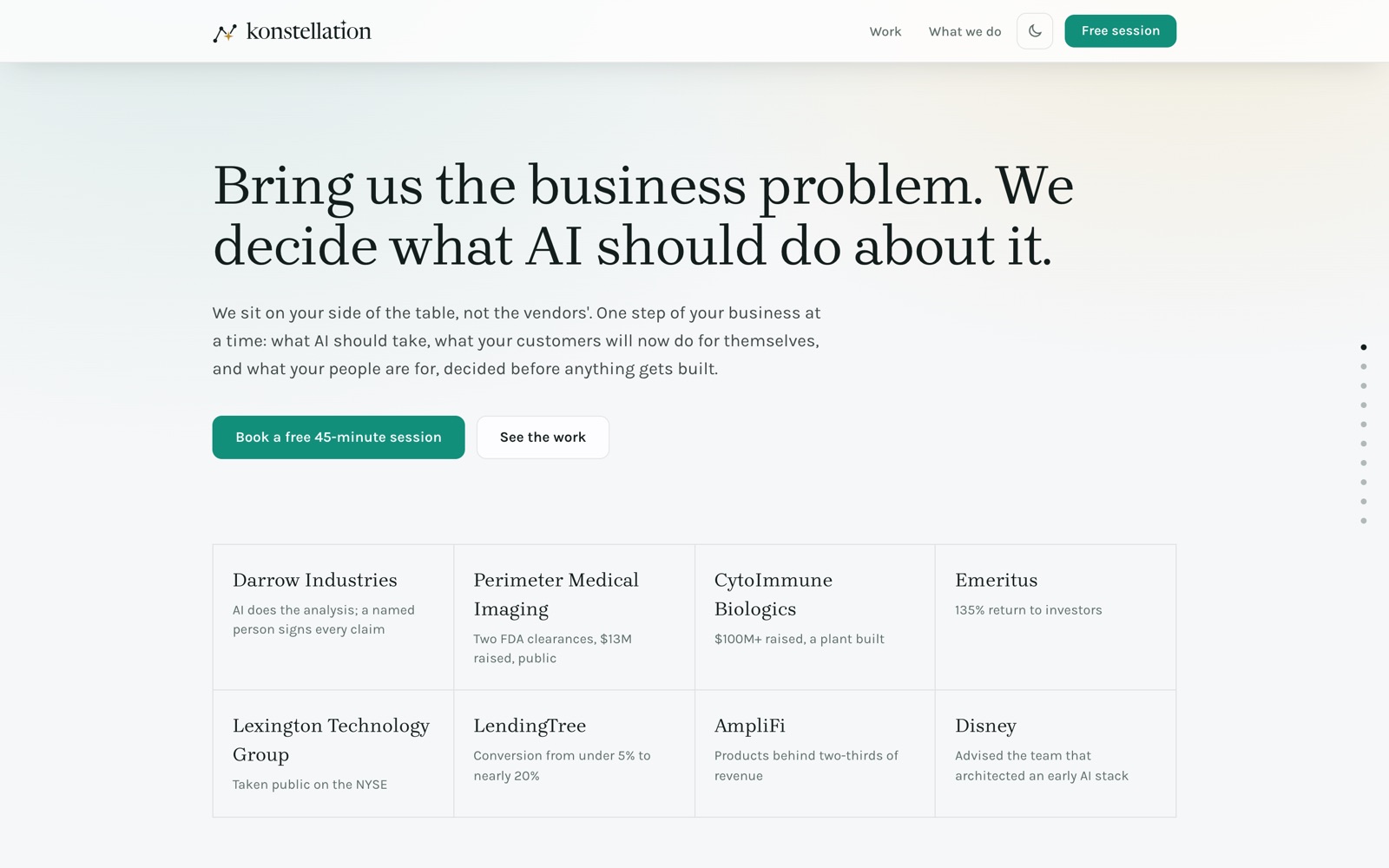 konstellationai.com after: the problem first, then the companies, then one panel per case